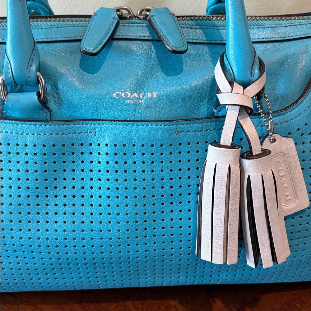 Coach perforated leather Haley Satchel turquoise/white tassels & hangtag Exce - Picture 3 of 17